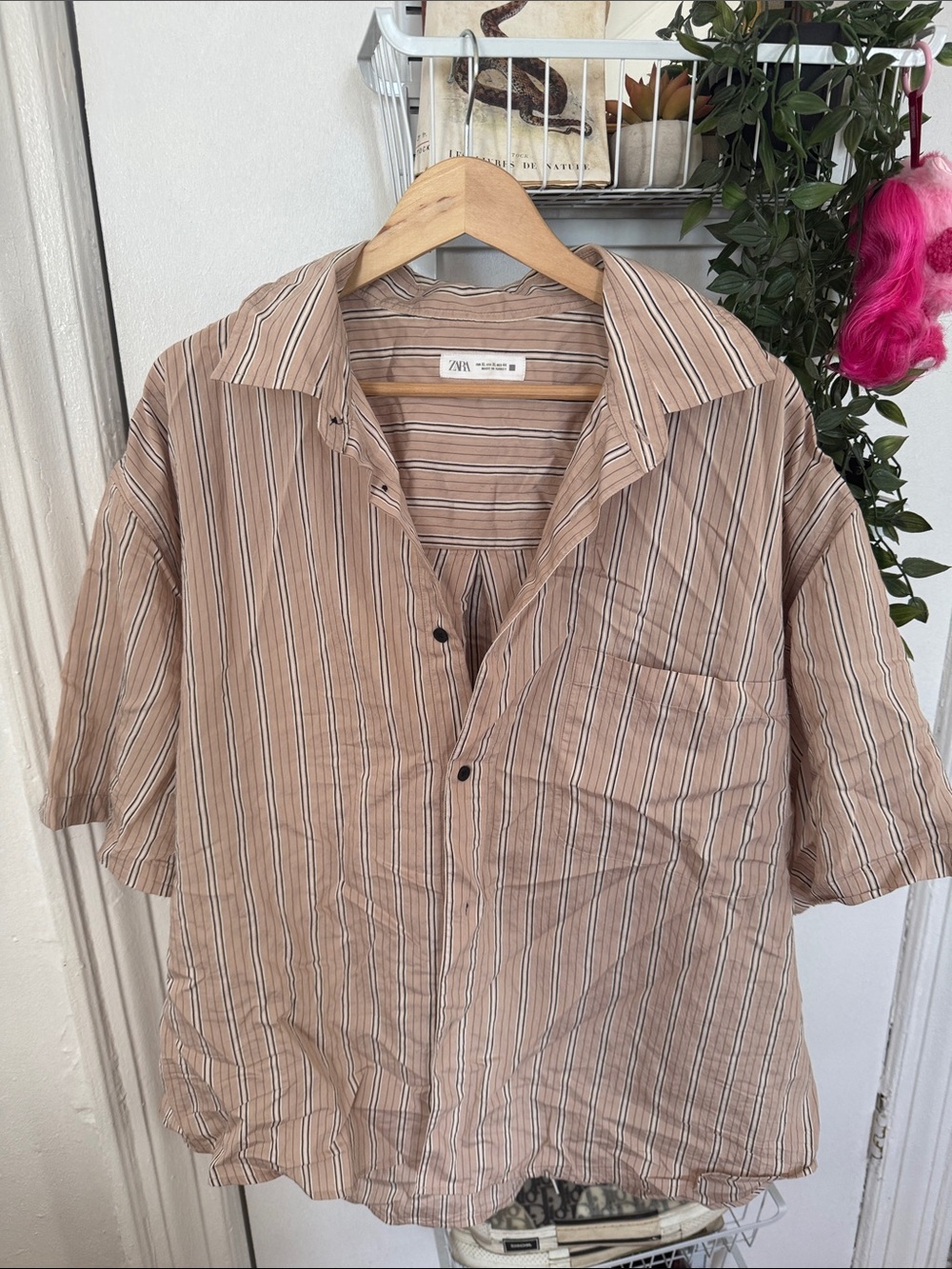 ZARA Tan Striped Short-Sleeve Button Shirt